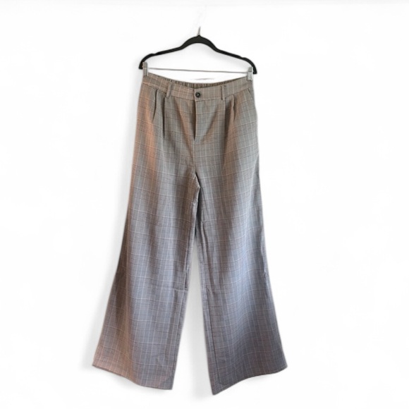 Sans Souci Adrie Plaid Trouser Pants Size Large Tan Wide Leg High Rise Tan - Picture 4 of 11